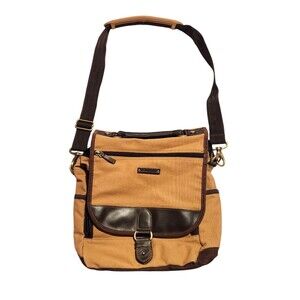 Eddie Bauer Canvas Messenger Travel Bag Tan w/ Brown Trim Adjustable Strap